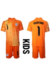 Englanti Jordan Pickford #1 Maalivahti Jalkapallovaatteet Lasten Vieraspeliasu MM-kisat 2022 Lyhythihainen (+ Lyhyet housut)